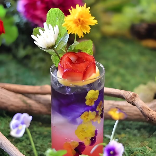 A vibrant Thai drink with purple and pink layers, garnished with a strawberry rose, mint, and edible flowers.